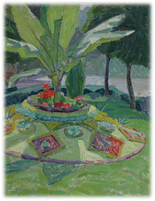 Пейзаж с пальмой и цветущей клумбой - А. Богомазова